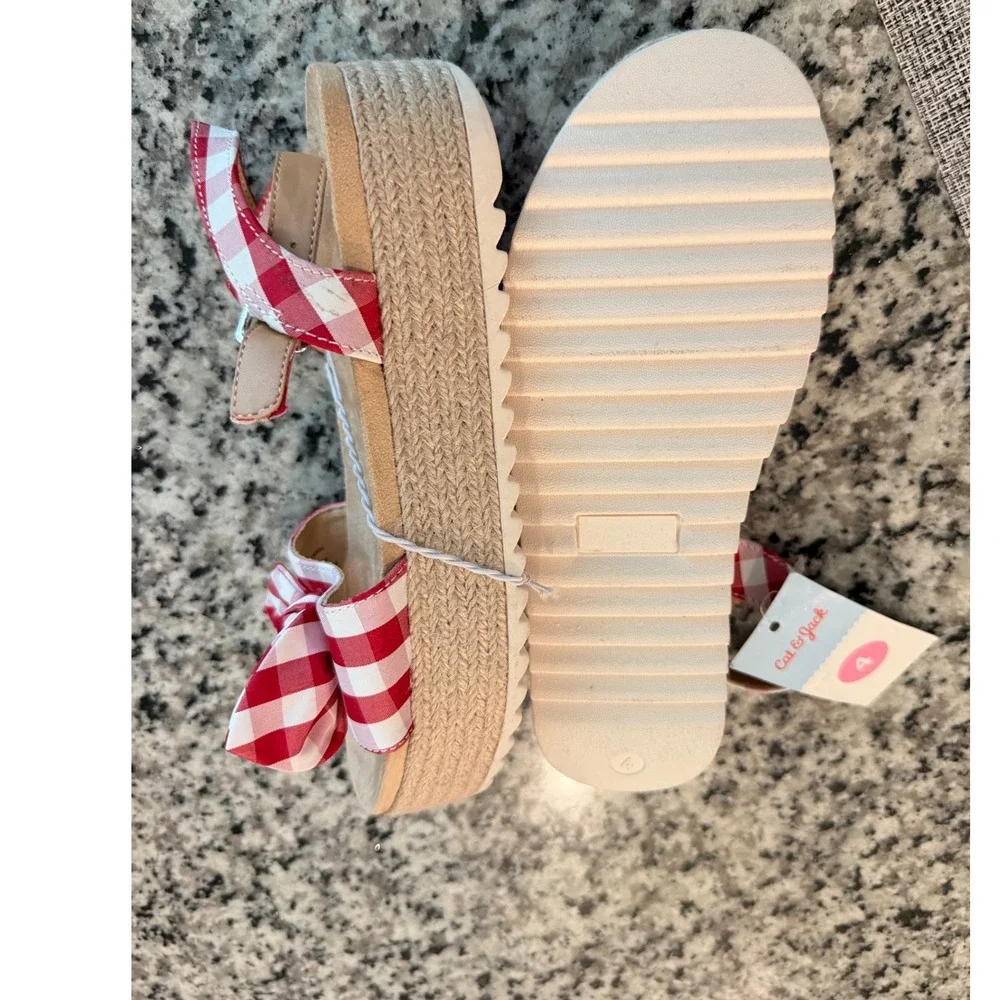 Cat & Jack Girls Red Gingham Espadrille Platform Sandals Bow Ankle Strap Size 4
